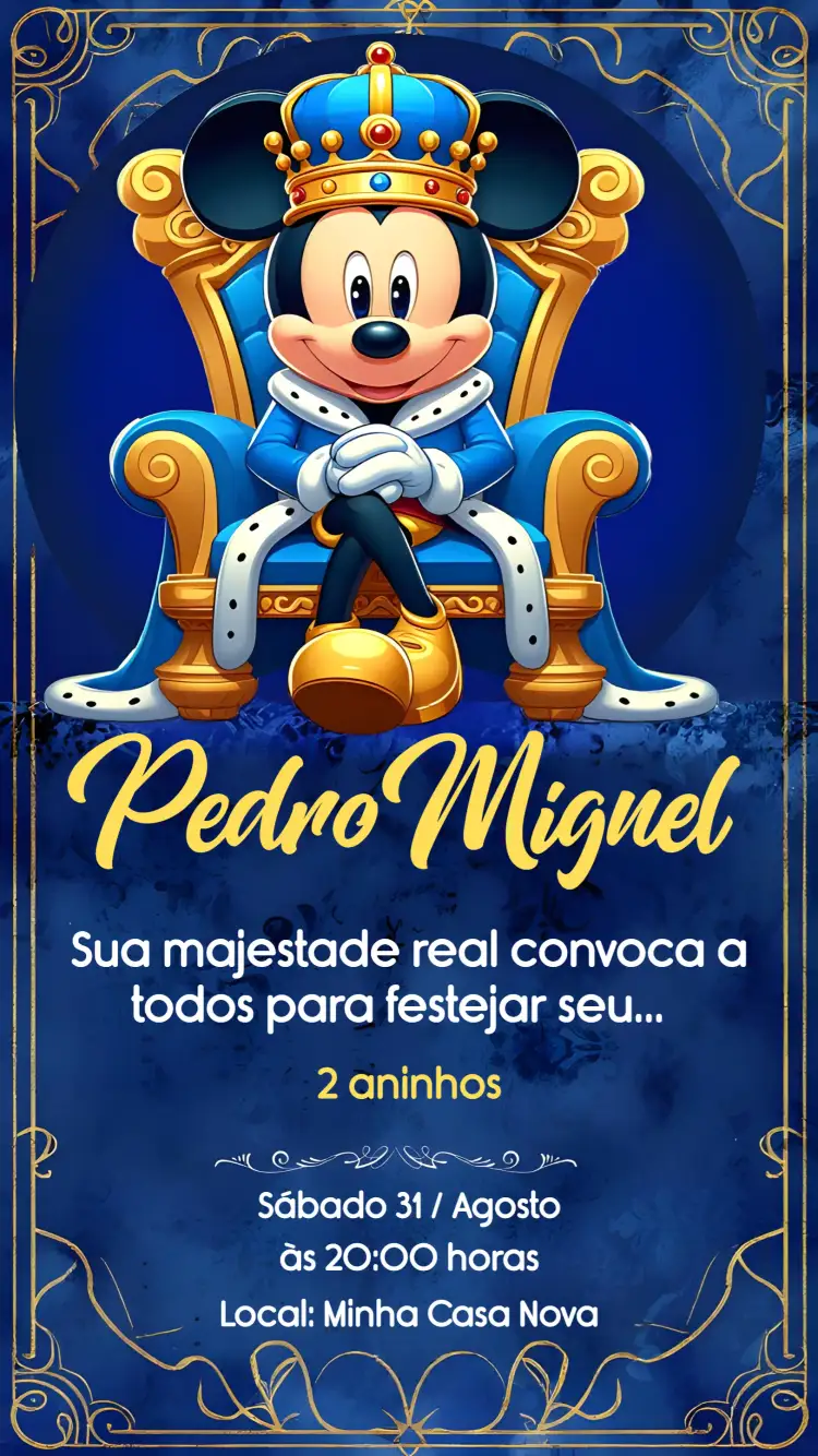 Convite Mickey Mouse Realeza Principe – tema Mais pesquisados azul, lúdico, temático, moderno, infantil, divertido