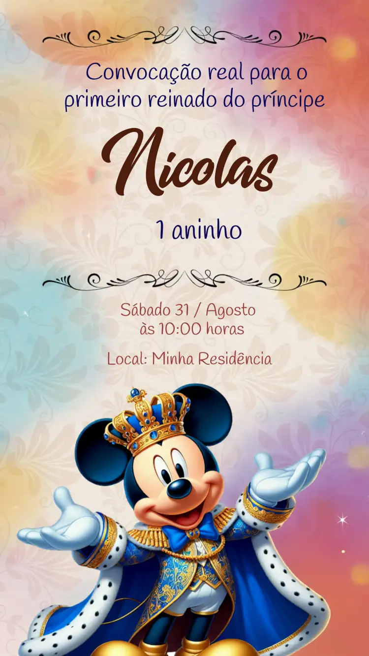 Convite Mickey Mouse Realeza Príncipe – tema Mais pesquisados azul, dourado, ilustrações infantis, elementos de realeza, estilo divertido