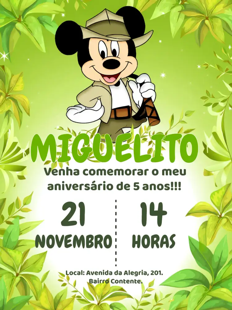 Convite Mickey Mouse Safari Disney – tema Mais pesquisados selva, colorido, divertido, infantil, exploração, aventura