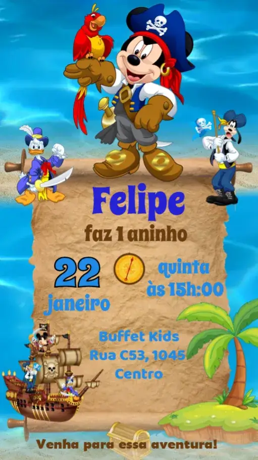 Convite Mickey Pirata – tema Aniversário Infantil colorido, lúdico, temático, divertido, marinho