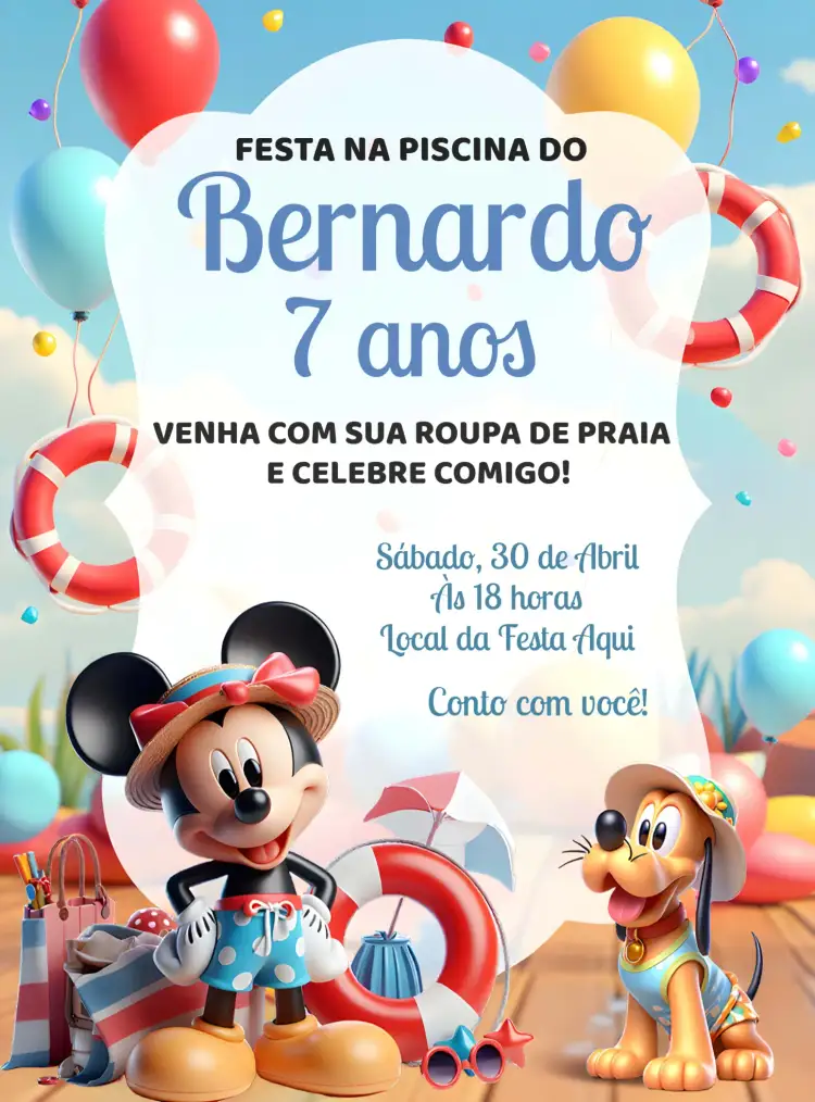 Convite Mickey Pool Party Banho – tema Mais pesquisados colorido, divertido, tropical, veranil, ilustrações lúdicas, temática infantil