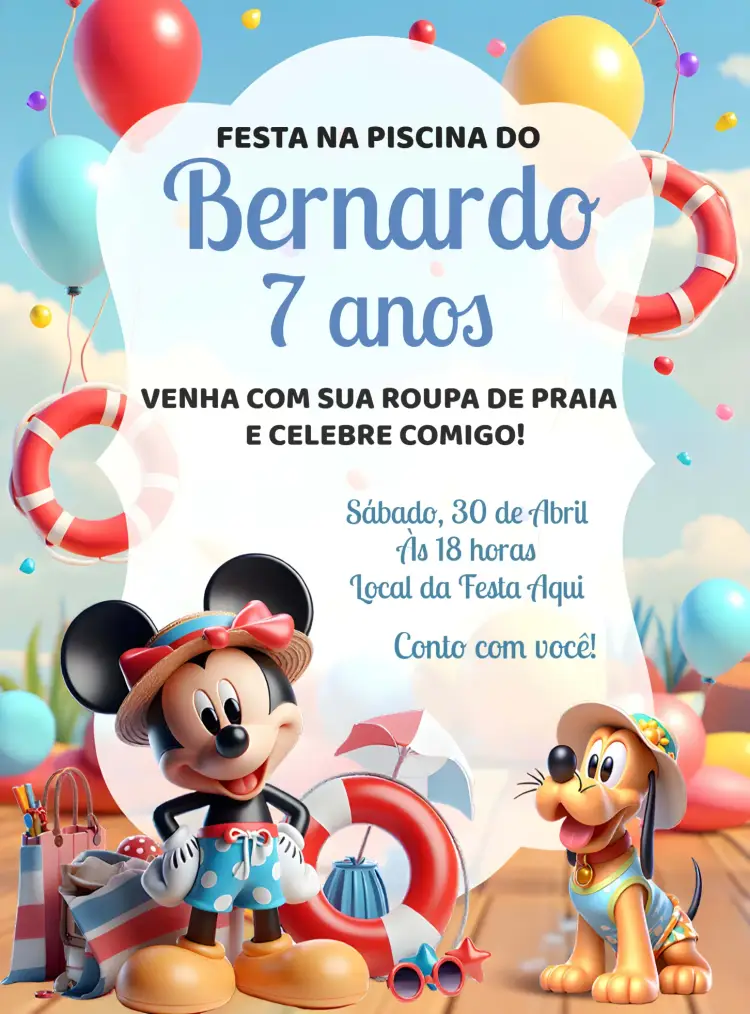 Convite Mickey Pool Party Banho