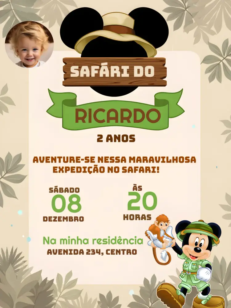 Convite Mickey Safari Com Foto Pluto