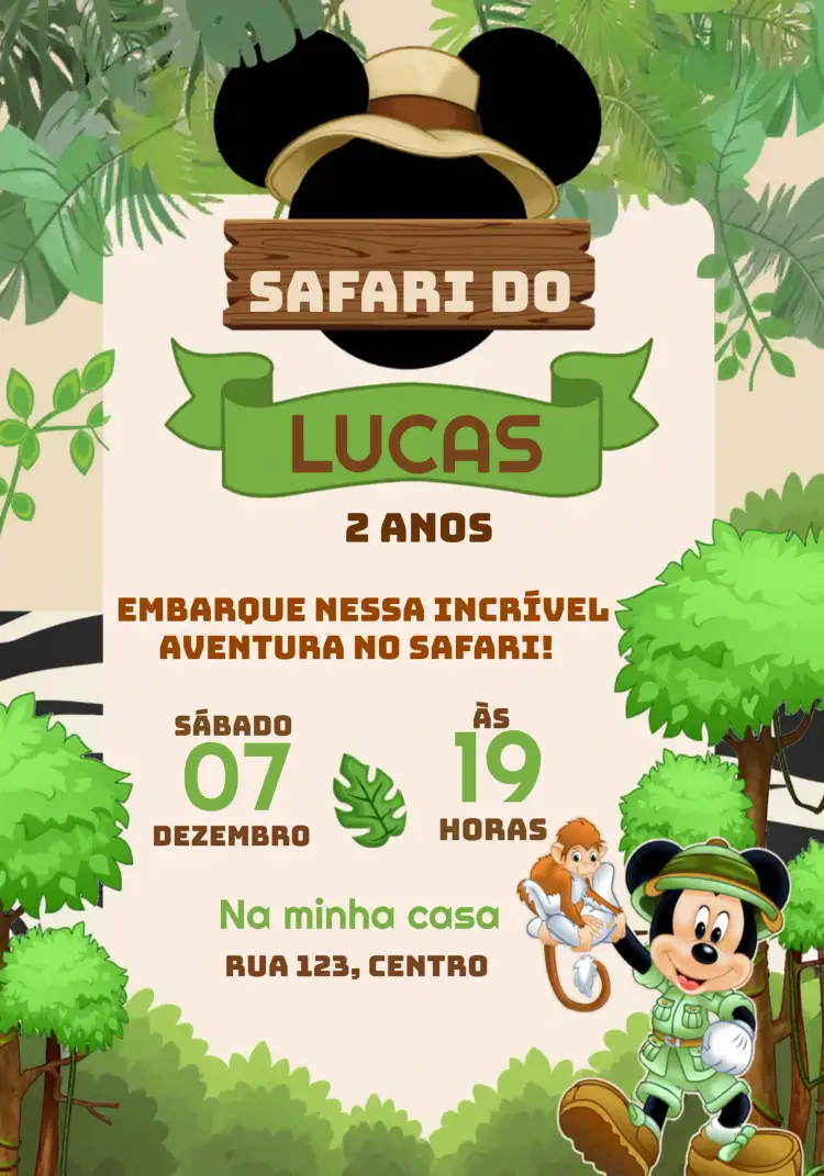 Convite Mickey Safari Folhagens – tema Mais pesquisados safari, Disney, folhagens, verde e marrom, infantil, diversão