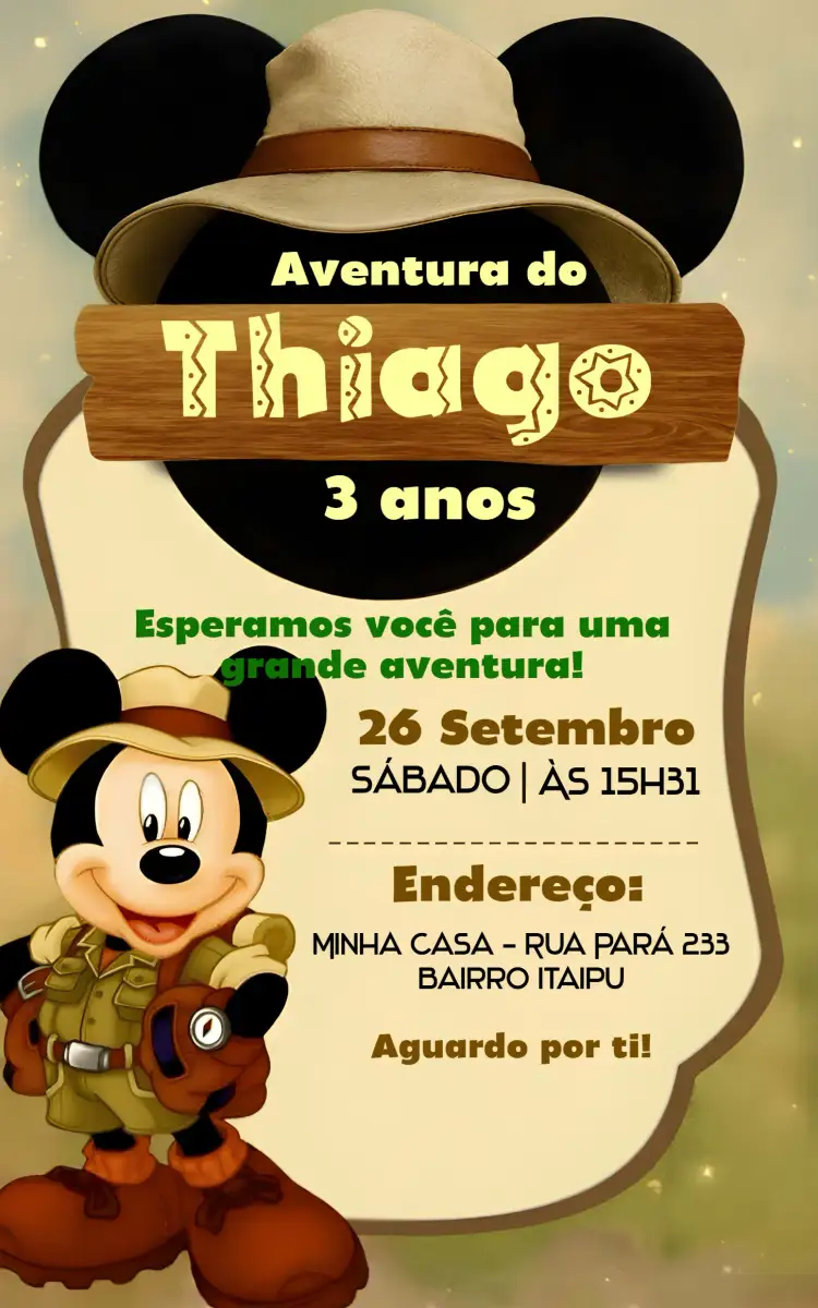 Convite Mickey Safari Marrom – tema Mais pesquisados safari, infantil, colorido, divertido, animal