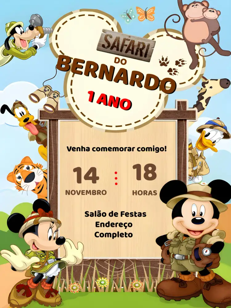 Convite Mickey Safari Marrom – tema Mais pesquisados safari, infantil, divertido, colorido, moderno, natureza