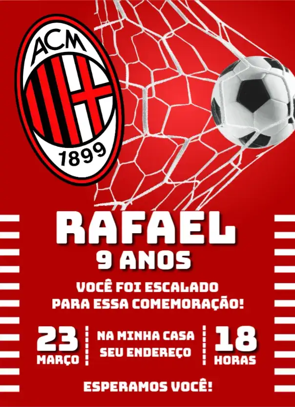 Convite Milan 1 – tema Aniversário futebol, vibrante, moderno, colorido, esportivo