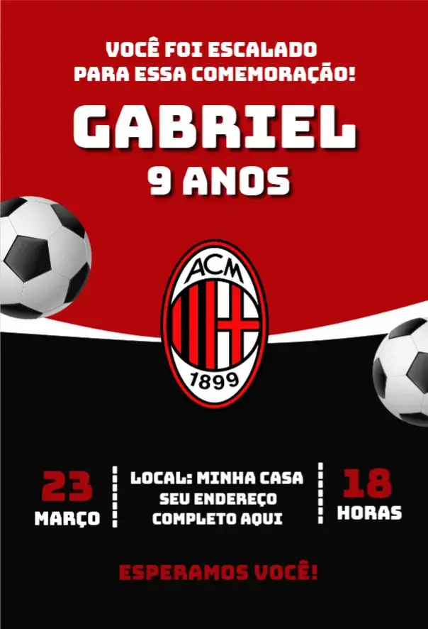 Convite Milan 2 – tema Aniversário futebol, moderno, vibrante, esportivo, jovem, divertido