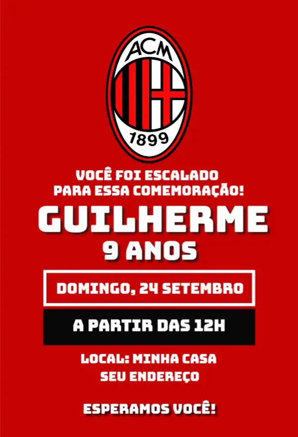 Convite Milan 3 – tema Aniversário futebol, esporte, clube
