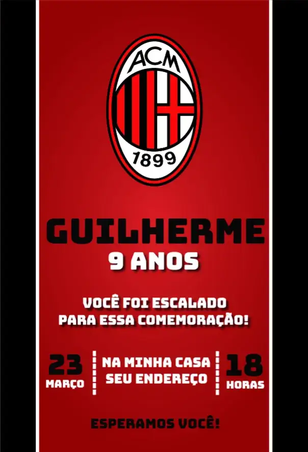 Convite Milan 4 – tema Aniversário futebol, moderno, vibrante, esportivo, colorido