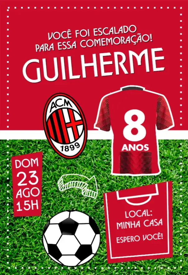 Convite Milan camisa – tema Aniversário futebol, moderno, vibrante, esportivo, colorido, temático