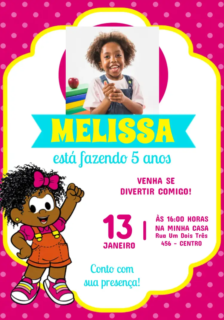 Convite Milena Turma Da Mônica Com Foto Rosa – tema Aniversário Infantil colorido, divertido, infantil, animado, ilustrações, moderno