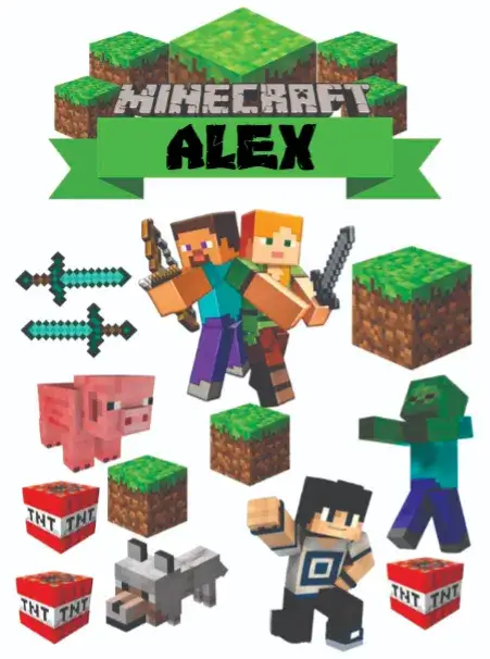 Invitation Minecraft – Cake topper theme vibrant colors, playful style, game graphic elements, fun aesthetic, adventure theme