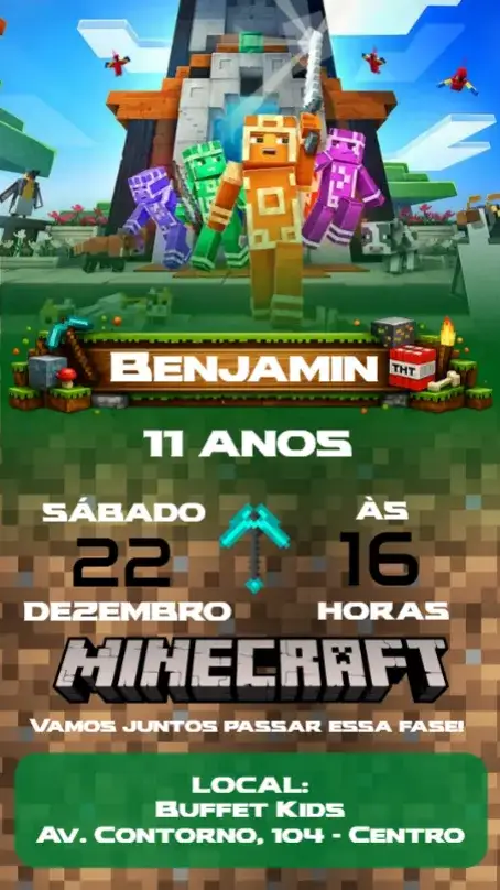 Convite Minecraft – tema Aniversário blocky, colorido, jogo, divertido, aventura