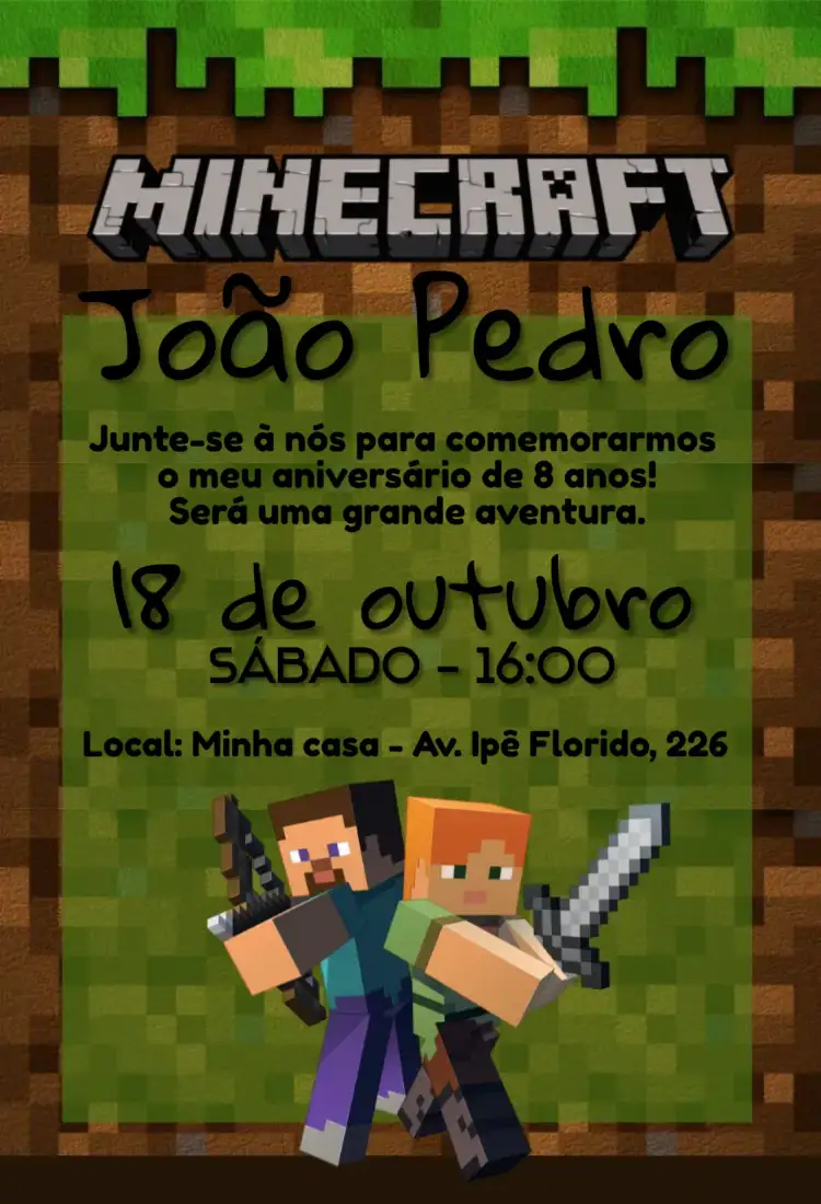 Convite Minecraft – tema Aniversário Infantil blocos coloridos, estilo pixelado, verde vibrante, aventura, mundo virtual, jogos eletrônicos