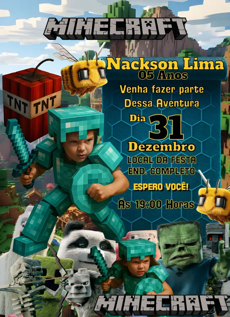 Convite Minecraft - Armadura de Diamante – tema Aniversário Infantil pixelado, colorido, jogos, aventura, diversão
