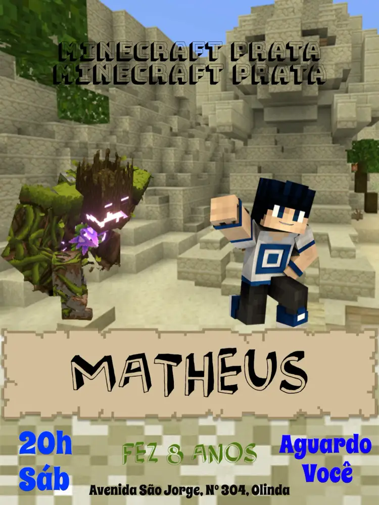 Convite Minecraft Cinza – tema Aniversário Minecraft, moderno, jogos, infantil, cinza, azul