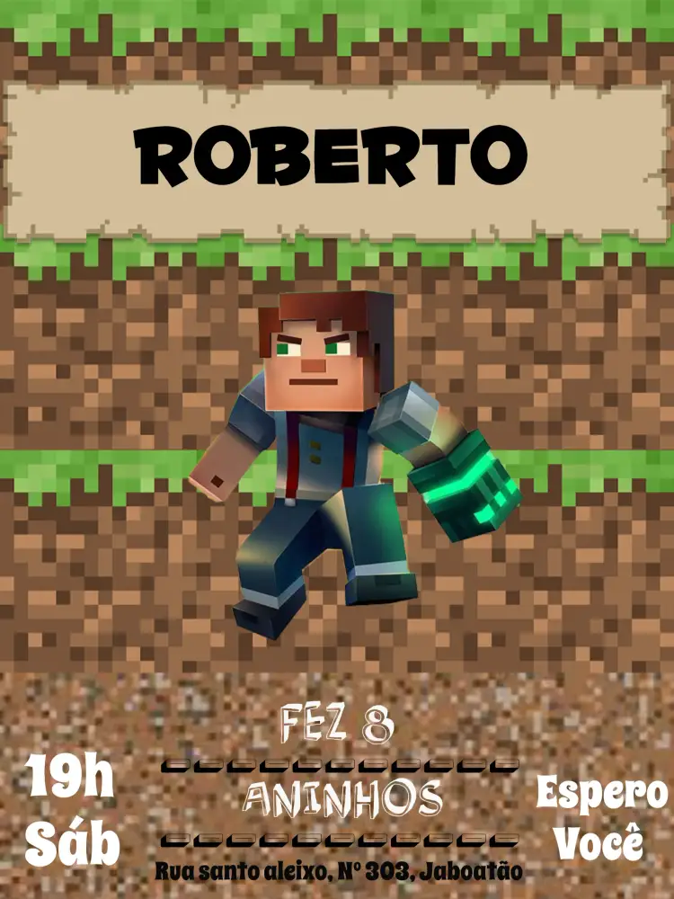 Convite Minecraft Marron – tema Aniversário Minecraft, pixelado, divertido, colorido, temático, jogo