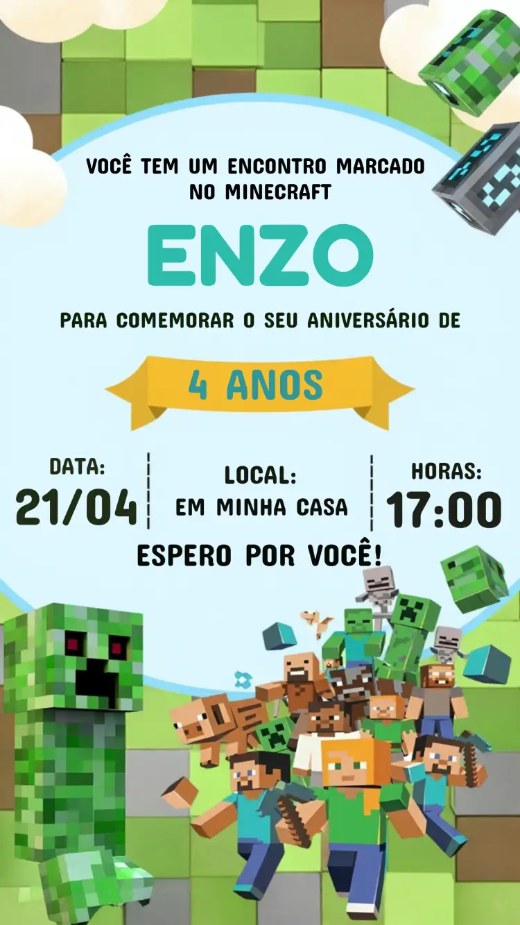 Convite Minecraft Gamer – tema Aniversário Infantil colorido, jogos, blocky, aventura, divertido