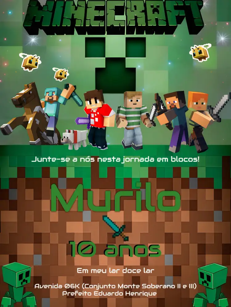 Convite Minecraft – tema Aniversário verde, pixelado, aventura, jogos, divertido, colorido