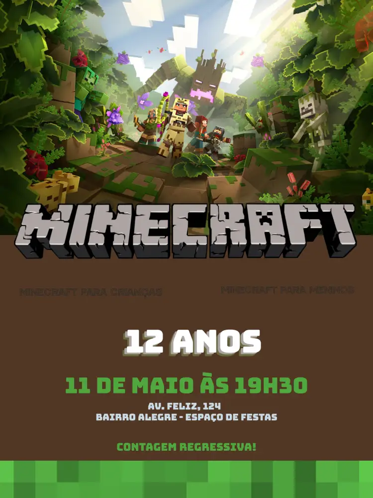 Convite Minecraft Infantil – tema Aniversário Infantil Minecraft, divertido, pixelado, aventura, jogo