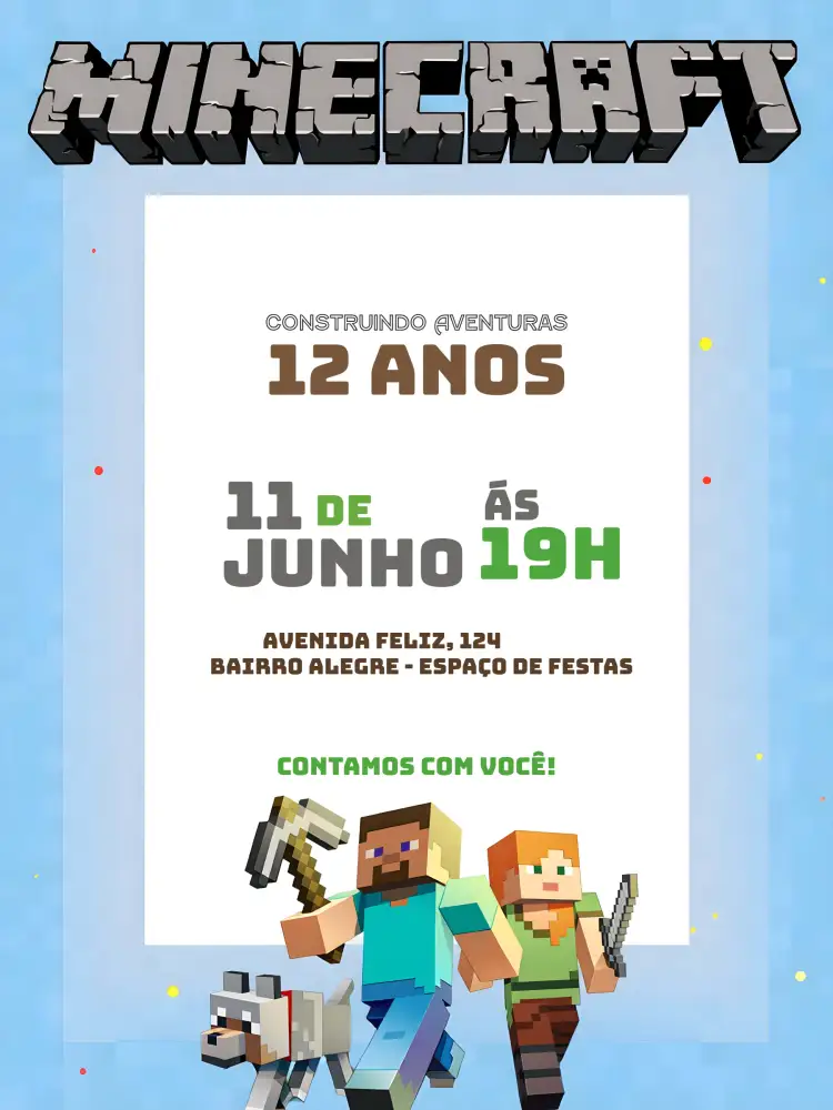 Convite Minecraft Infantil – tema Aniversário Infantil Minecraft, verde, marrom, branco, jogos, infantil
