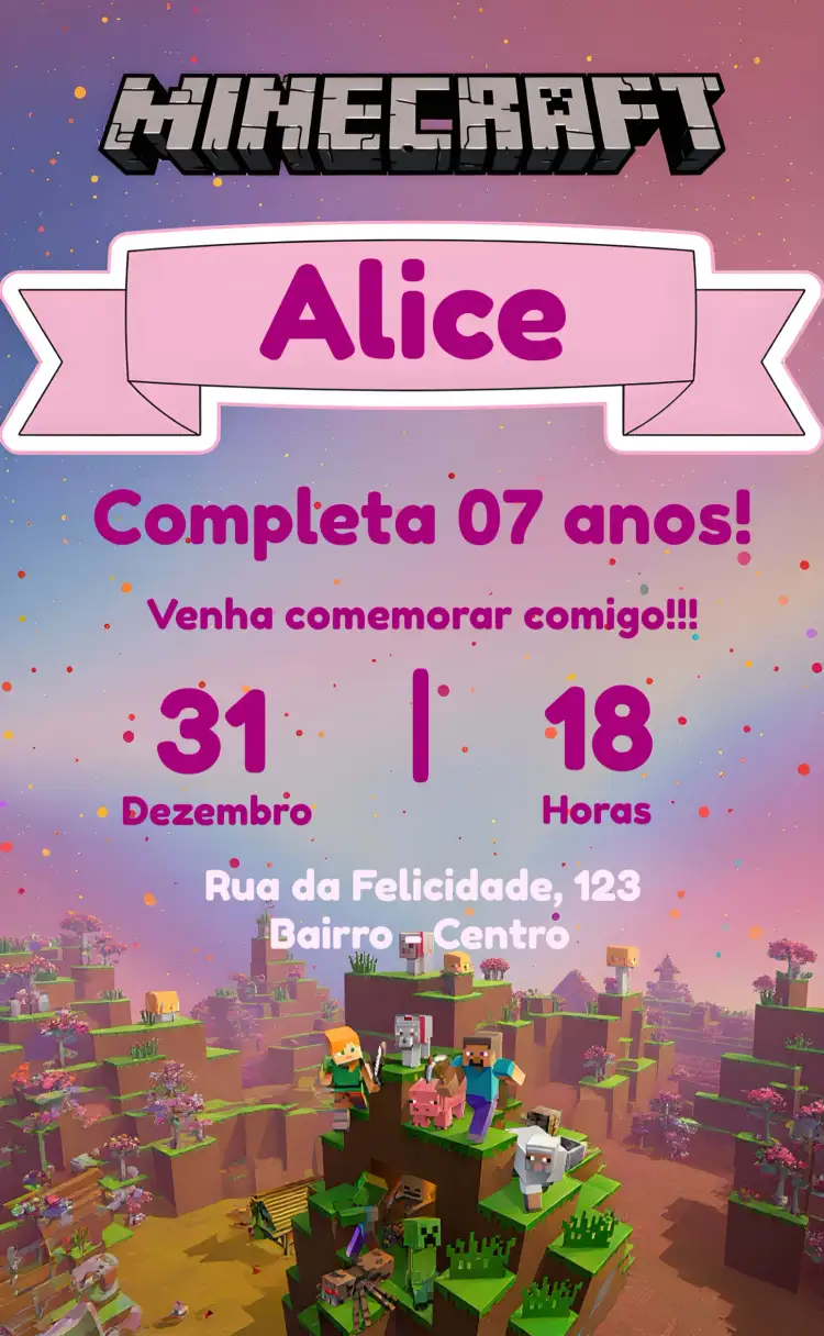 Convite Minecraft Menina Jogos – tema Aniversário Infantil pixelizado, colorido, aventura, jogos, divertido, moderno