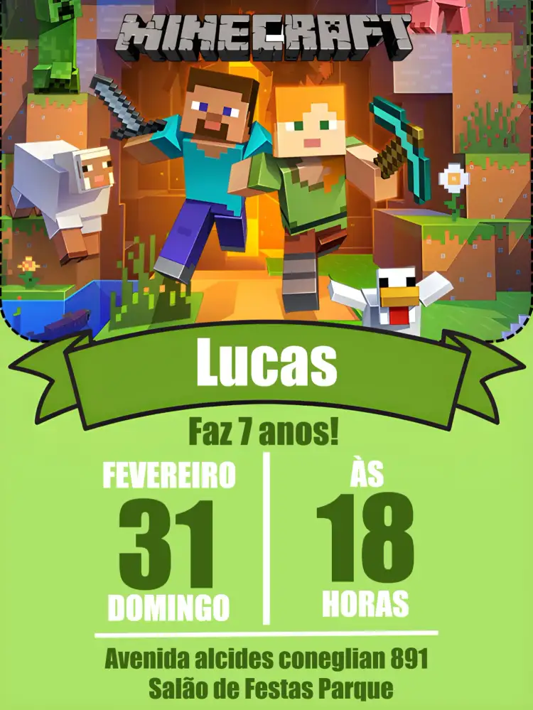 Convite Minecraft Branco – tema Aniversário Minecraft, moderno, colorido, fantasia, jogos, infantil