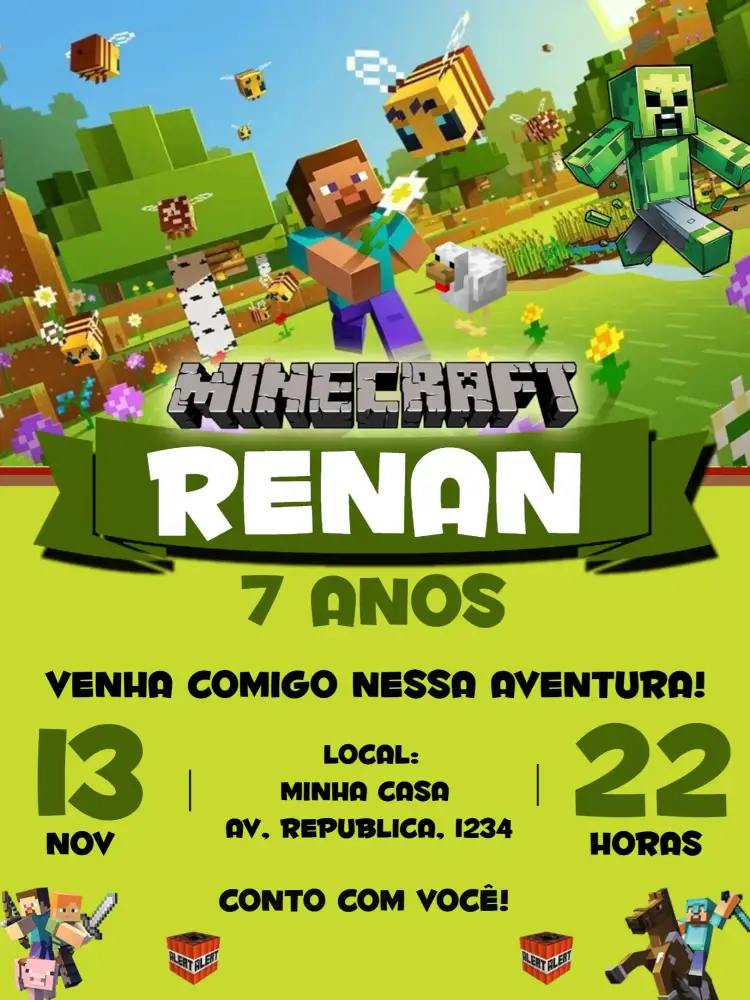 Convite Minecraft Preto – tema Mais pesquisados Minecraft, preto, moderno, divertido, temático, block style