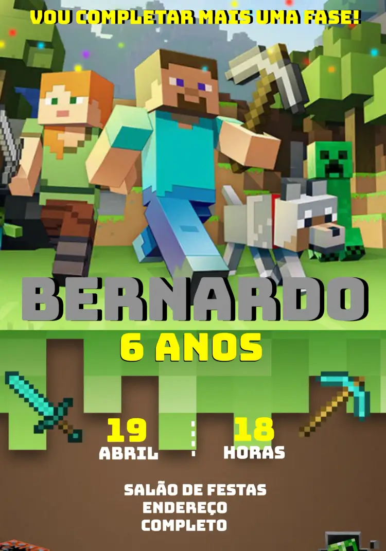 Convite Minecraft Verde – tema Mais pesquisados verde, marrom, jogo, divertido, infantil, temático