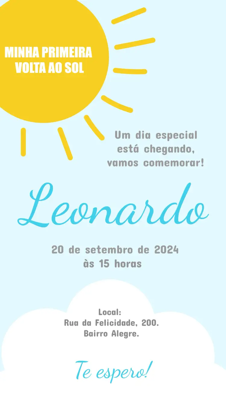 Convite Minha Primeira Volta Ao Sol Ceu – tema Primeira Comunhão céu azul, elementos infantis, nuvens, raios de sol, estilo alegre