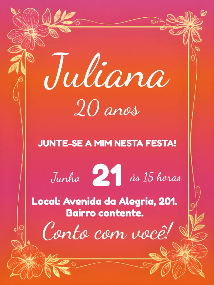 Convite Minimalista Adulto – tema Aniversário minimalista, floral, dourado, moderno, elegante, colorido