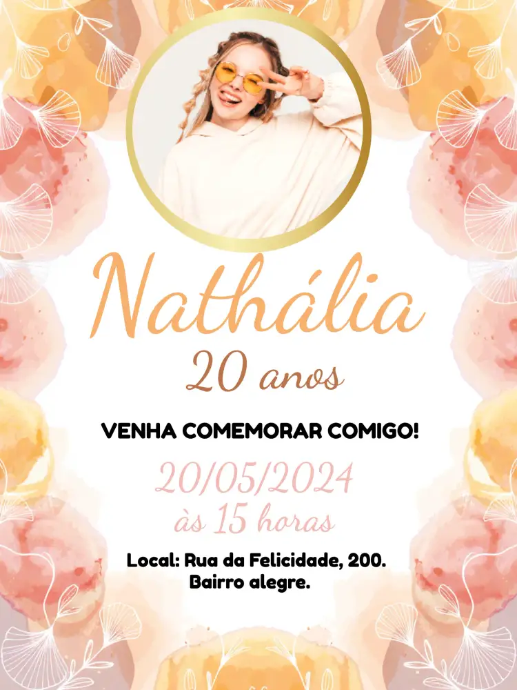 Convite Minimalista Folhas Com Foto Discoteca – tema Aniversário minimalista, dourado, moderno, folhas secas, vibrante, discoteca