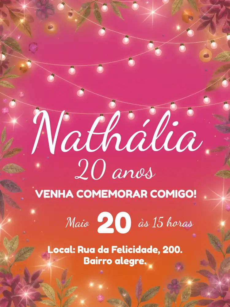 Convite Minimalista Luzes Laranja – tema Aniversário minimalista, moderno, dourado, luzes, elegante, feminino