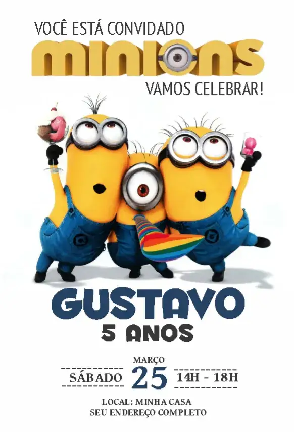 Convite Minions 1 – tema Aniversário colorido, divertido, temático, infantil, ilustrações de personagens
