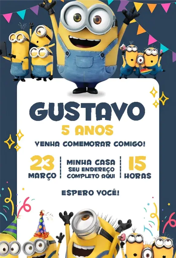 Convite Minions 2 – tema Aniversário colorido, divertido, temático, animação, infantil