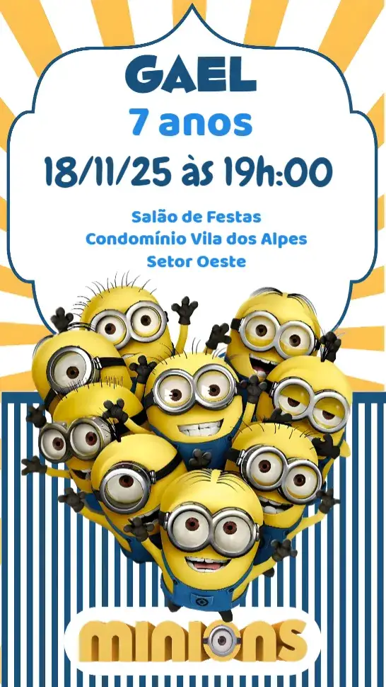 Convite Minions – tema Aniversário Infantil colorido, divertido, temático, animado, lúdico, infantil