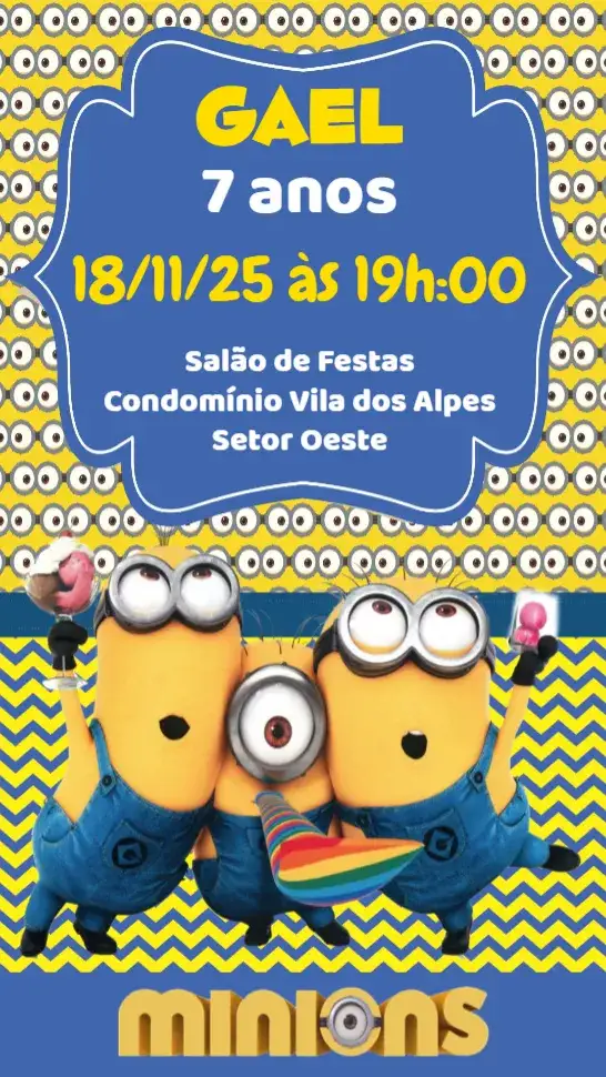 Convite Minions – tema Aniversário Infantil divertido, colorido, temático, infantil, animado, moderno