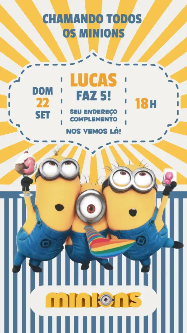 Convite Minions – tema Aniversário Infantil amarelo, vintage, divertido, colorido, temático, infantil