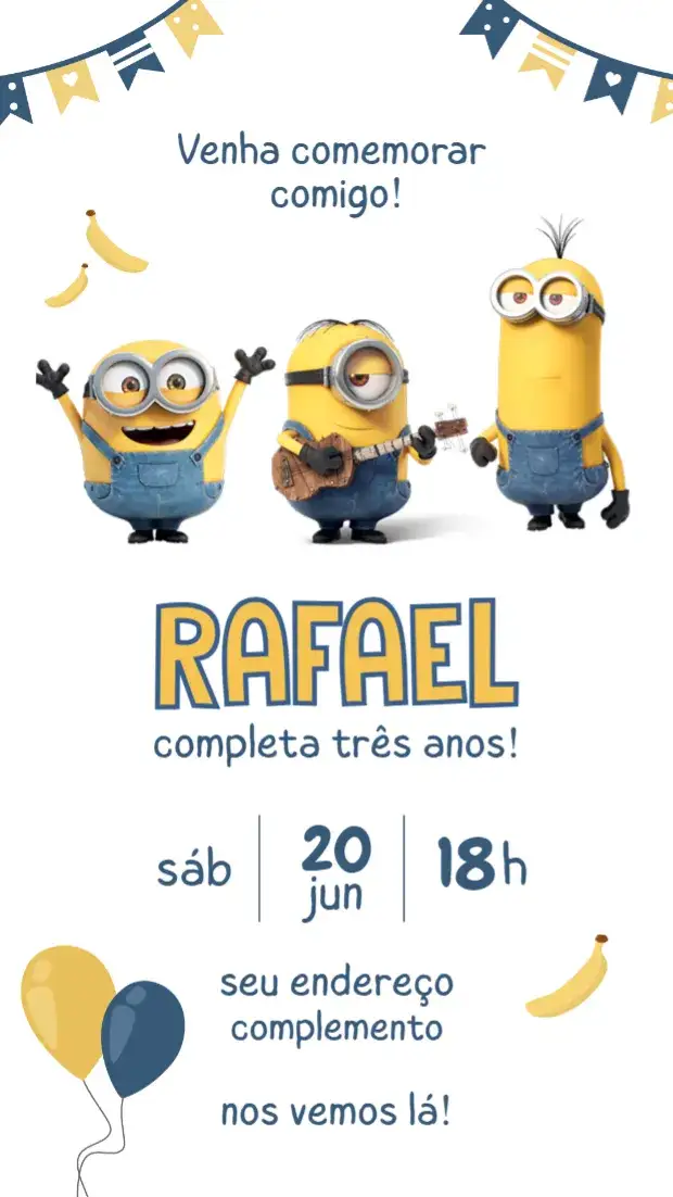 Convite Minions – tema Aniversário Infantil amarelo, azul, divertido, colorido, ilustrações de Minions, estilo cartoon