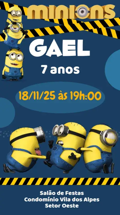 Convite Minions – tema Aniversário Infantil colorido, divertido, ilustrações de desenhos animados, estilo moderno, temática de filme, alegre