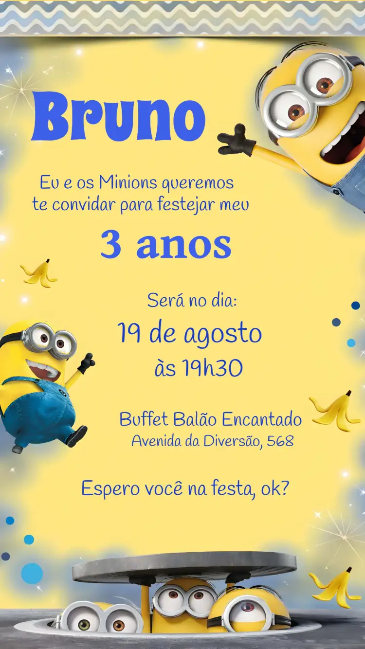 Convite Minions Azul – tema Mais pesquisados divertido, colorido, infantil, moderno, temático