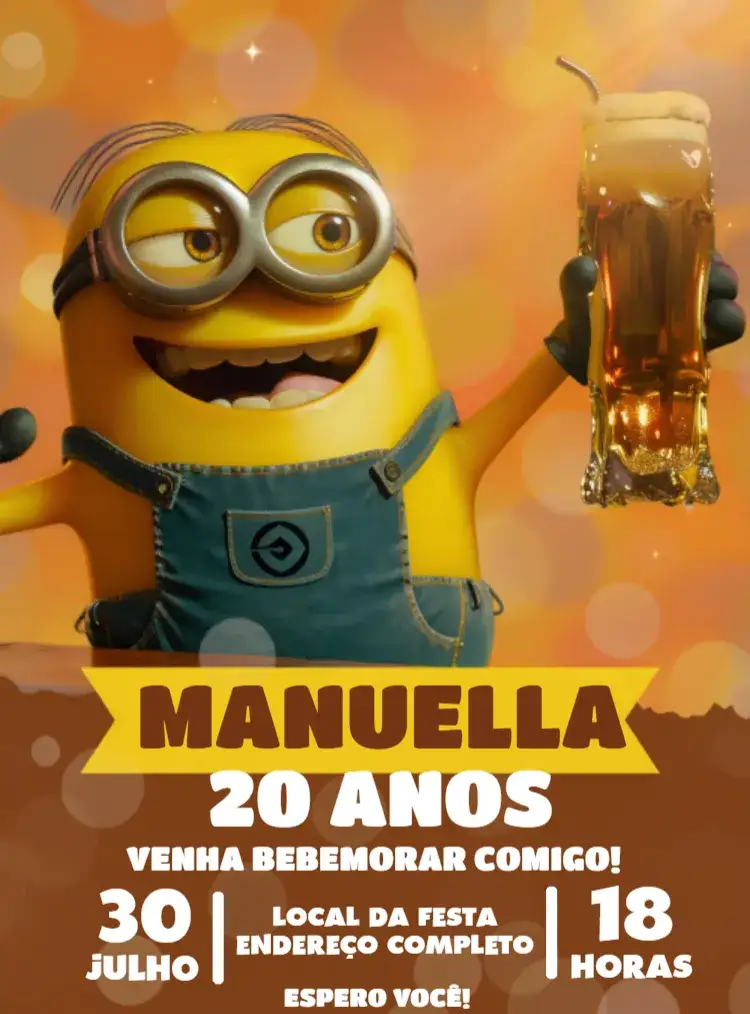 Convite Minions Boteco Drink – tema Aniversário colorido, descontraído, boteco, divertido, moderninho