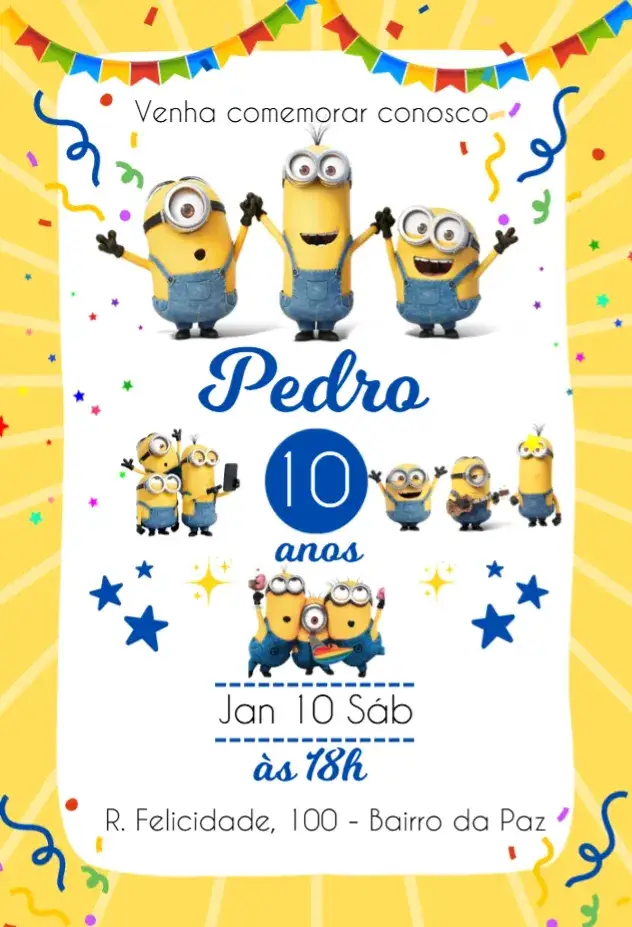 Convite Minions Festa – tema Mais pesquisados colorido, divertido, cartoon, infantil, moderno, temático