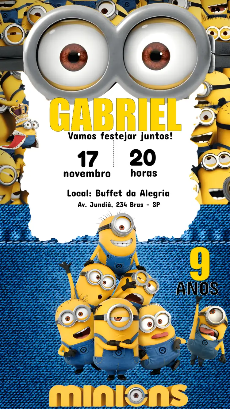Convite Minions Malvado – tema Mais pesquisados amarelo vibrante, divertido, ilustrações animadas, infantil, colorido, moderno