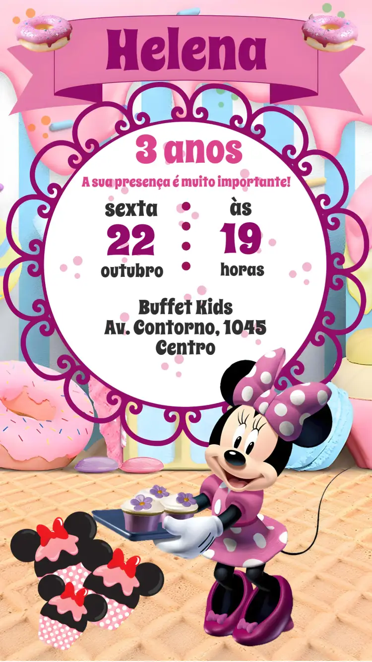 Convite Minnie – tema Aniversário Infantil colorido, divertido, infantil, temático, animado, lúdico