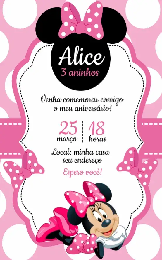 Convite Minnie 5 – tema Aniversário rosa, divertido, lúdico, Disney, colorido, feminino