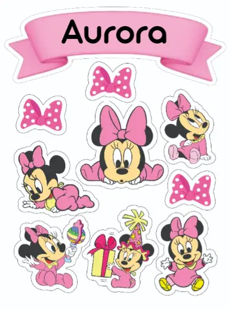 Invitation Minnie Baby – Cake topper theme soft colors, playful style, Minnie's graphic elements, charming design, children's birthday theme