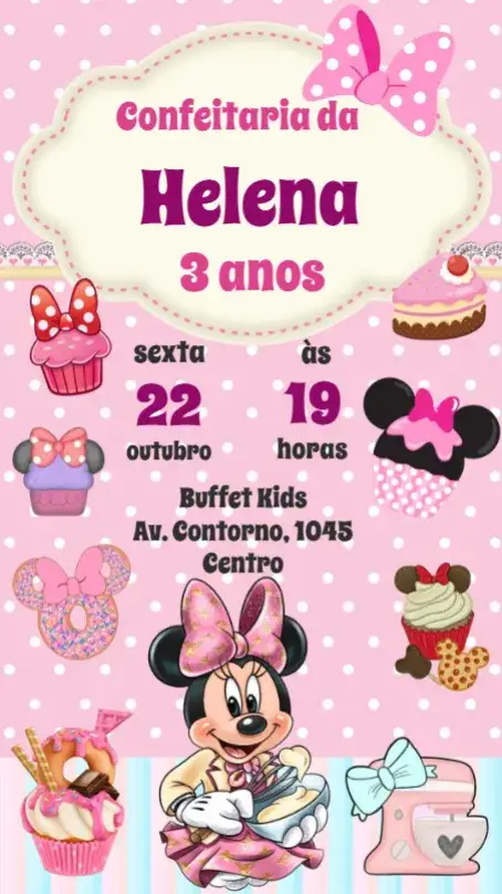 Convite Minnie Confeitaria – tema Aniversário Infantil cores pastel, estilo lúdico, elementos gráficos de confeitaria, detalhes em rosa, design divertido, tema Minnie Mouse
