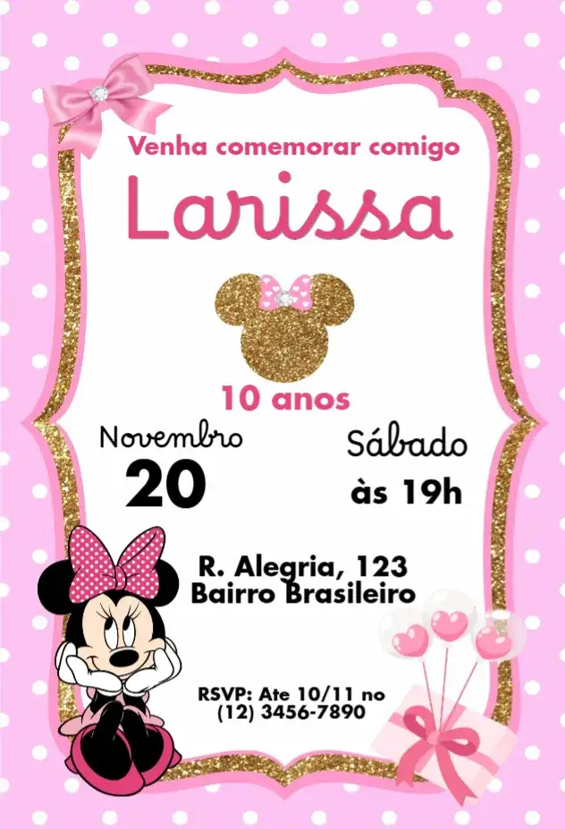 Convite Minnie Cor de Rosa – tema Aniversário Infantil rosa, glitter, poá, infantil, divertido